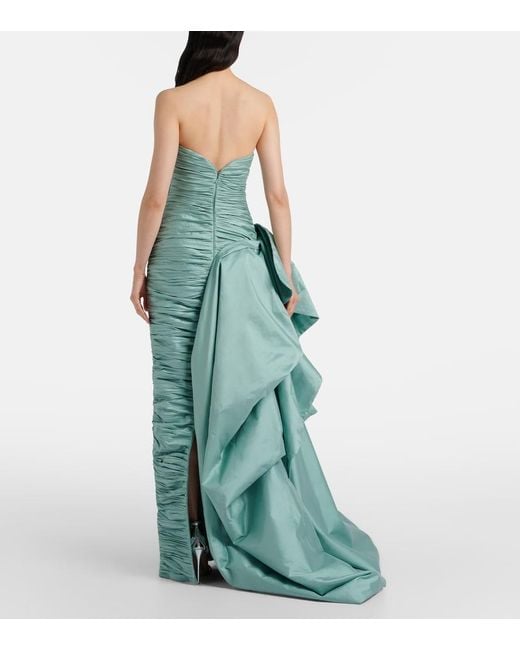 Marmar Halim Green Draped Pleated Taffeta Bustier Gown