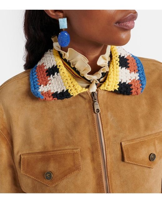 Etro Brown Crochet-Trimmed Suede Jacket