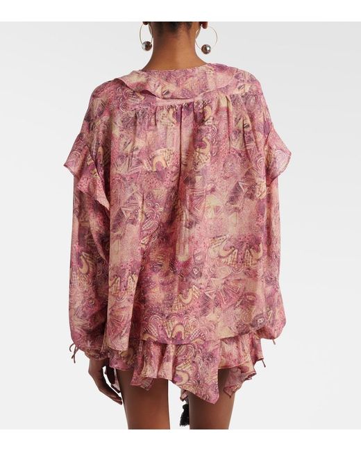 Isabel Marant Pink Charis Printed Ruffled Silk Blouse