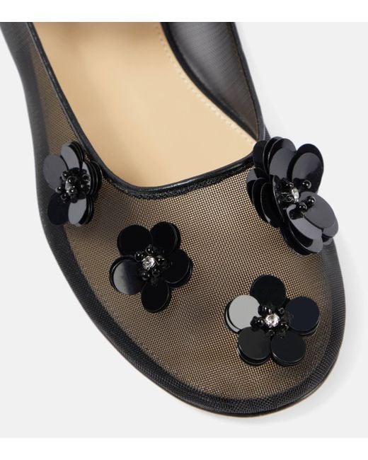 Mach & Mach Black Sequined Floral-applique Mary Jane Flats