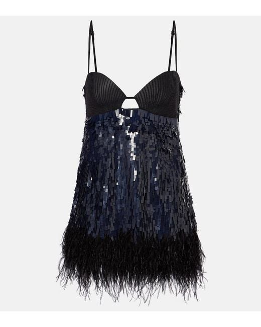 Johanna Ortiz Black Feather-Trimmed Sequined Minidress
