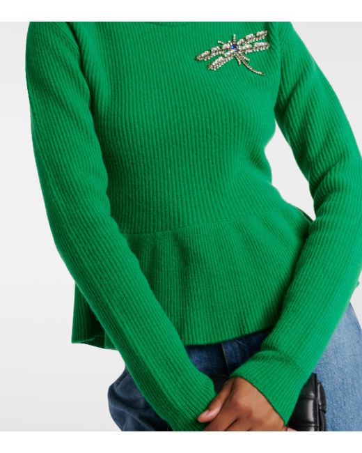Erdem Green Ribbed-knit Peplum Wool Sweater