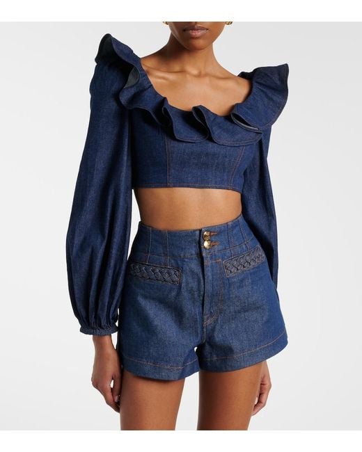 Zimmermann Blue Aster Ruffled Denim Crop Top