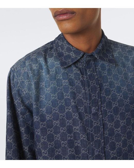 Gucci Blue Gg Cotton Chambray Jacquard Shirt for men