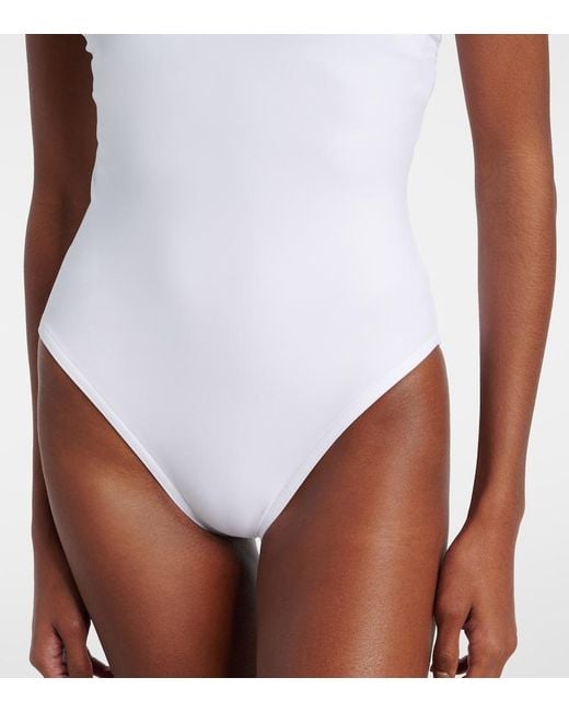 Karla Colletto White Tess Floral-Applique One-Shoulder Swimsuit