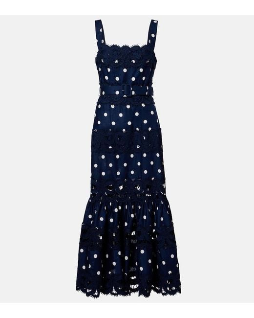 Self-Portrait Blue Polka-Dot Linen And Cotton Midi Dress