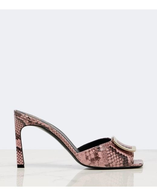 Roger Vivier Pink Trompette Snake-Print Leather Mules