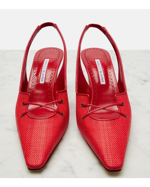 Manolo Blahnik Red Montbalo Raffia Slingback Pumps