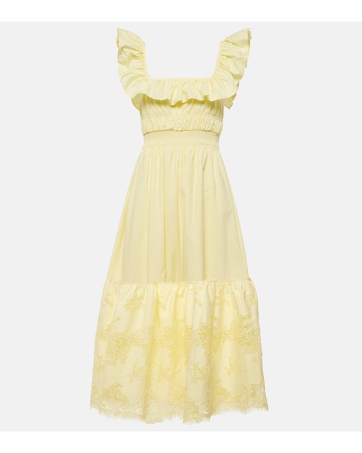 Self-Portrait Yellow Lace-trimmed Cotton Midi Dress