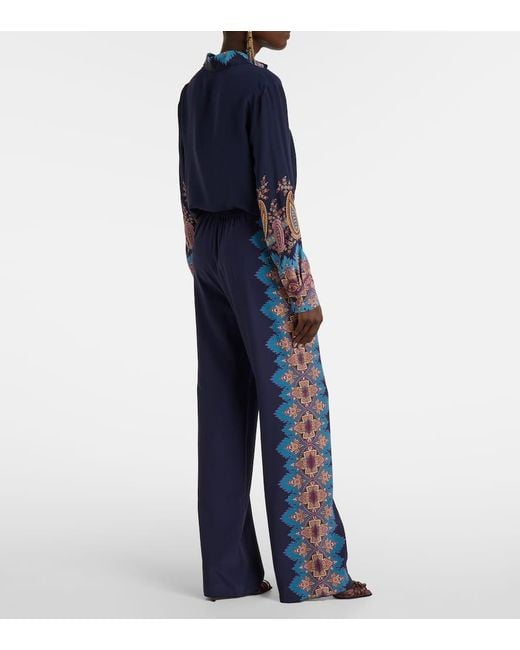 Etro Blue Printed Silk Crepe De Chine Straight Pants
