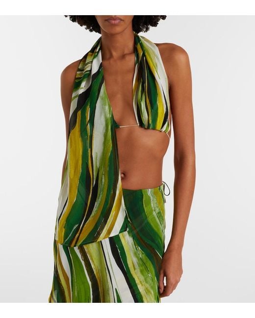Christopher Esber Green Printed Silk Scarf Bra Top