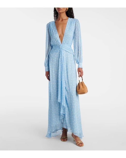 Rixo Blue Meera Polka-Dot Shirred Gown