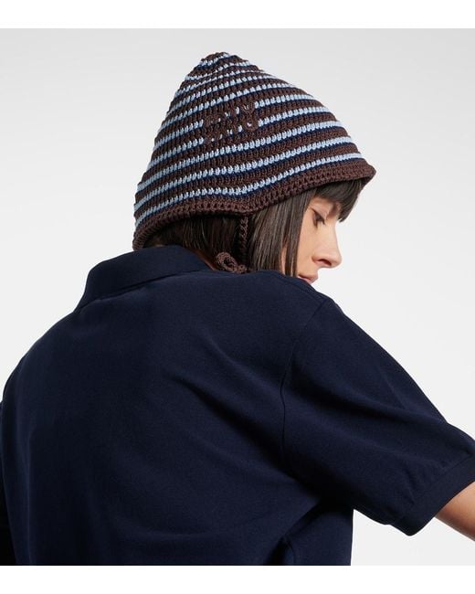 Miu Miu Blue Knitted Striped Cotton Hat