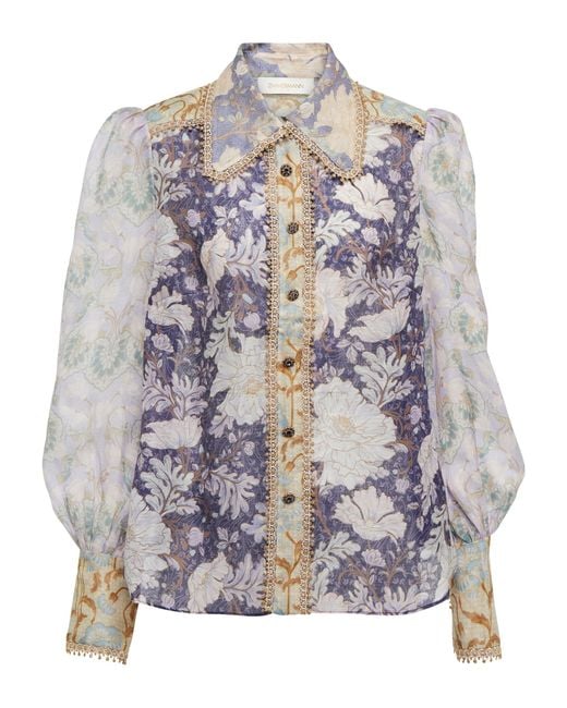 Zimmermann Celestial Printed Linen And Silk Blouse in Gray | Lyst