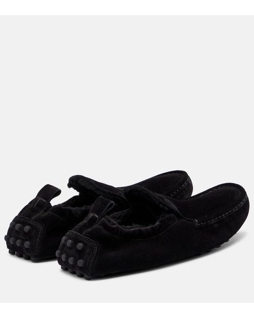 Tod's Black Gommino Shearling-Lined Suede Driving Shoes