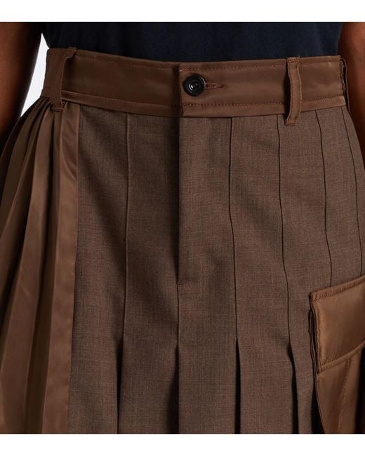 Sacai Brown Layered Pleated Wool-Trimmed Midi Skirt