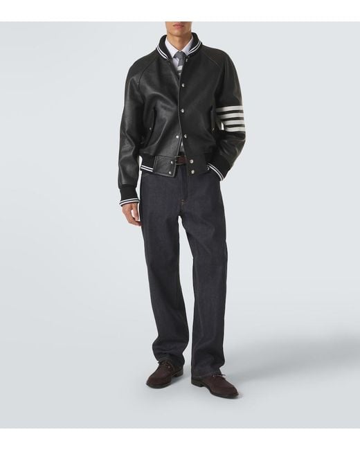 Thom Browne Black 4-Bar Leather Bomber Jacket for men
