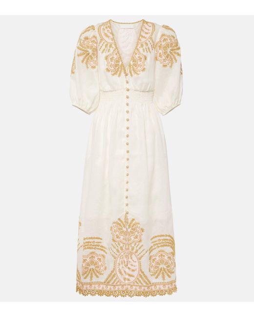 Zimmermann Natural Waverly Embroidered Linen Midi Dress