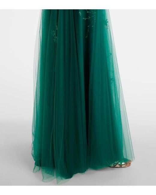 Costarellos Green Floral-Applique Tulle And Lurex Gown