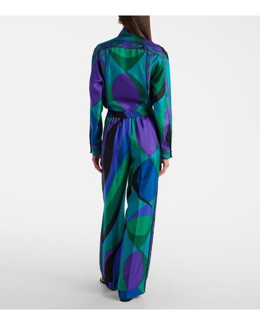 Emilio Pucci Blue Printed Silk Wide-Leg Pants