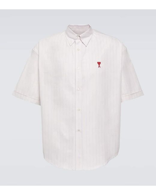 Camicia gessata in cotone con logo di AMI in White da Uomo