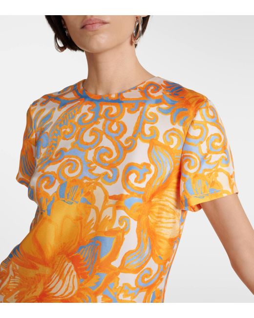 LaDoubleJ Yellow Printed Feather-trimmed Silk Minidress