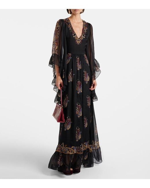 Etro Black Paisley Silk Maxi Dress