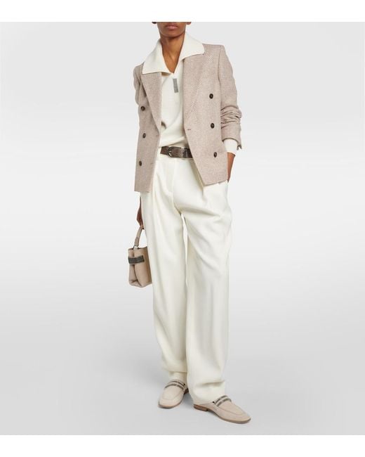 Brunello Cucinelli Natural High-Rise Gabardine Wide-Leg Pants