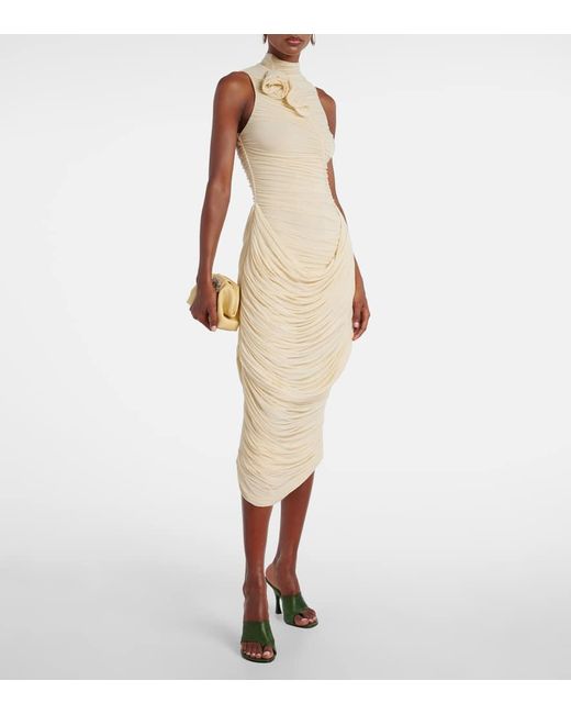 Magda Butrym Natural Floral-Applique Draped Ruched Gown