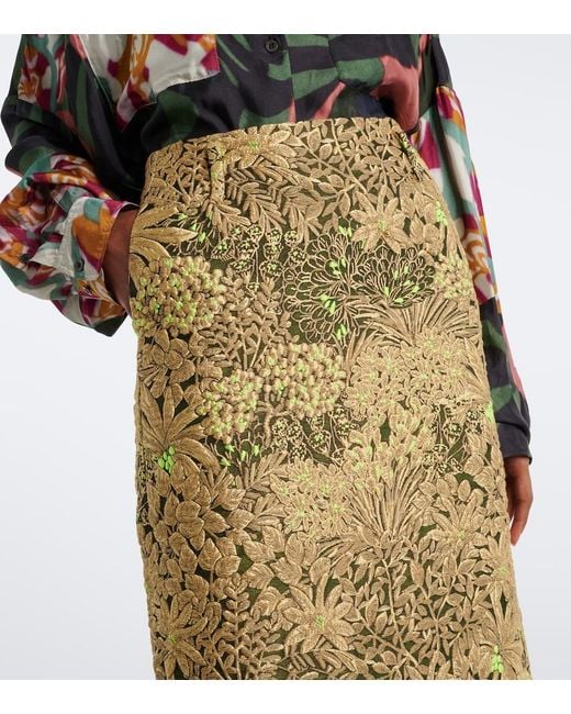 Dries Van Noten Green Floral Jacquard Midi Skirt