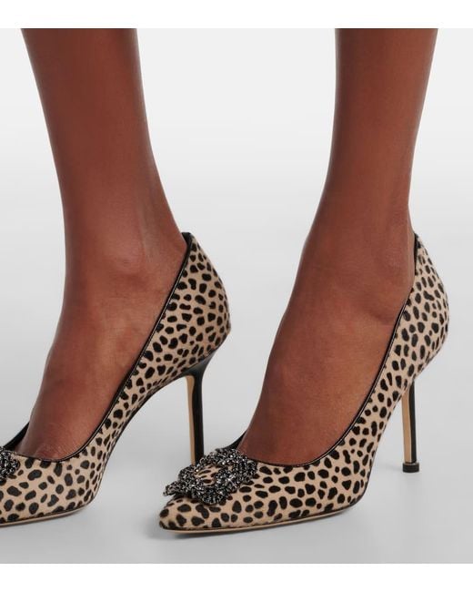 Manolo Blahnik Black Hangisi 90 Leopard-Print Calf Hair Pumps