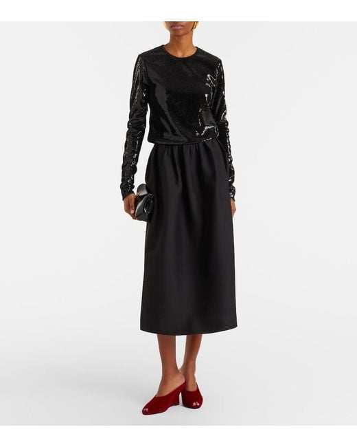 Totême Black Gathered Wool And Silk Midi Skirt