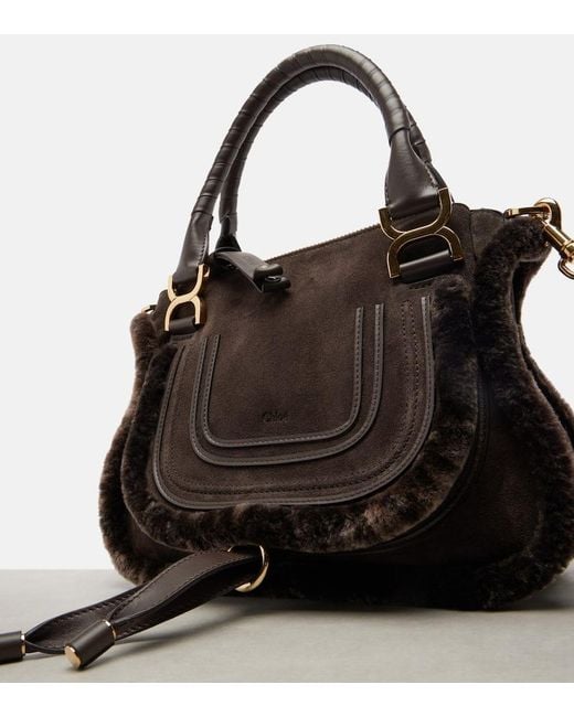 Chloé Black Marcie Small Shearling-Trimmed Suede Tote Bag