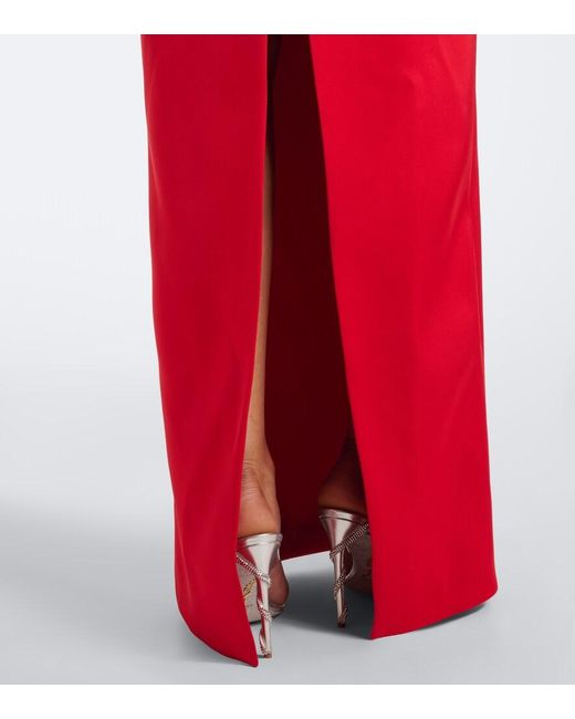 David Koma Red Velvet-Trimmed Off-Shoulder Satin Gown