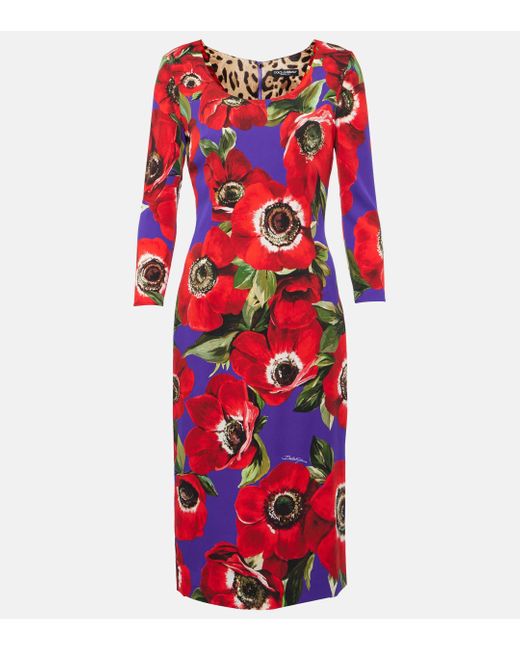 Dolce & Gabbana Red Floral Silk-blend Midi Dress