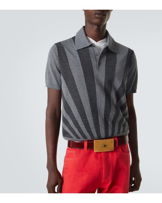 Versace Gray Intarsia Virgin Wool Polo Sweater for men