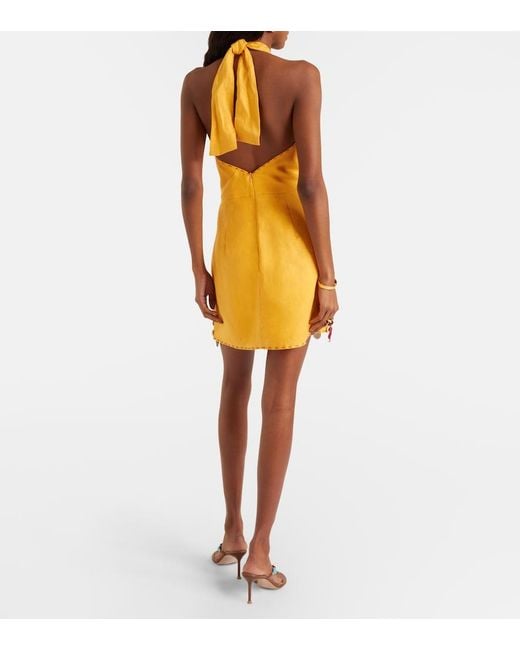 Cala De La Cruz Yellow Veneta Floral-Applique Linen Minidress