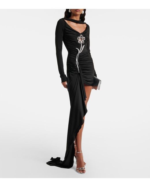 David Koma Black Embellished Draped Jersey Minidress