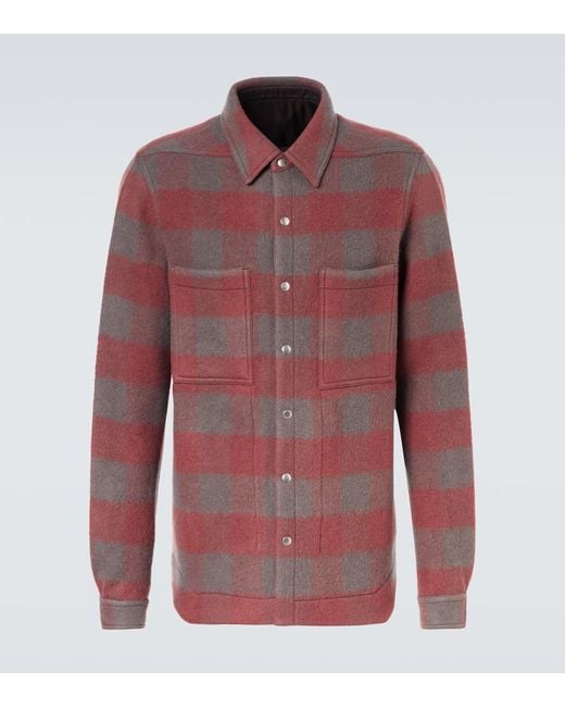 Rick Owens Red Checked Virgin Wool Overshirt for men