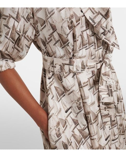 Max Mara White Printed Tie-Neck Silk Twill Midi Dress
