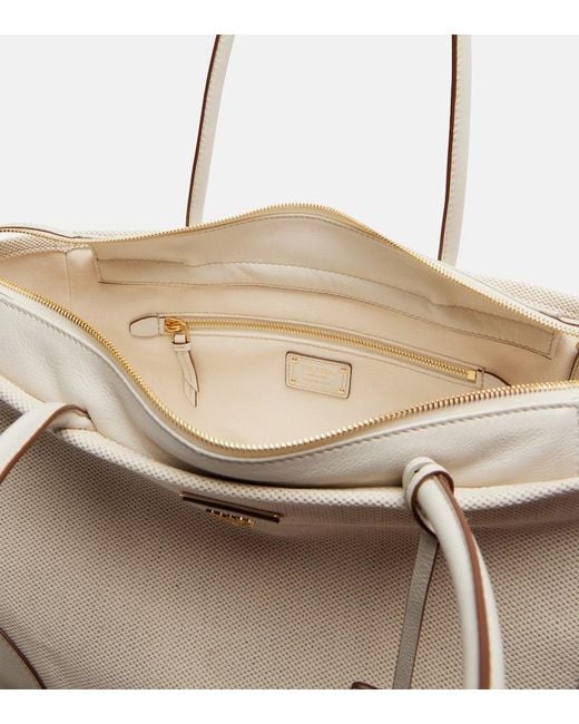 Prada White Large Leather-Trimmed Canvas Tote Bag