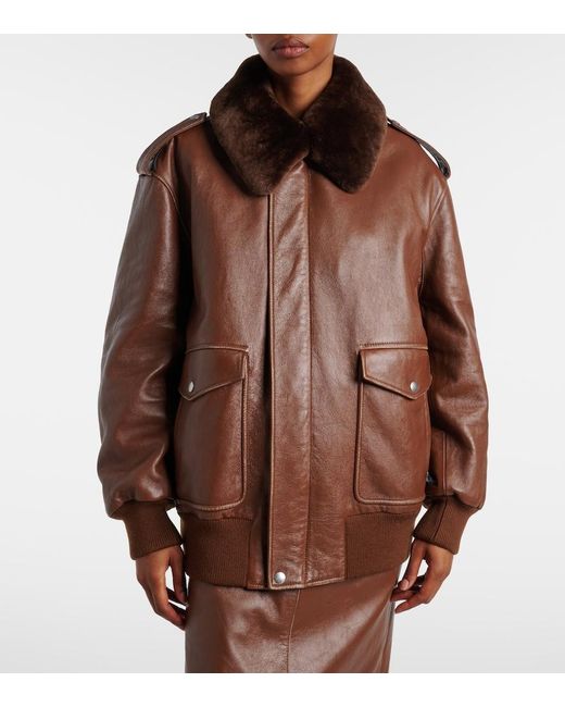 Prada Brown Shearling-Trimmed Leather Bomber Jacket