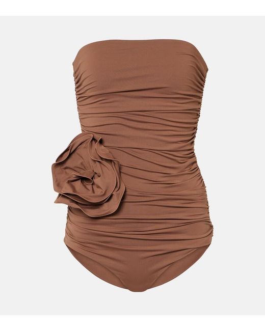 Magda Butrym Brown Floral-Applique Ruched Swimsuit