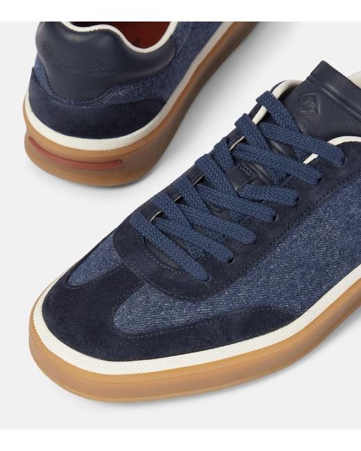 Loro Piana Blue Tennis Walk Suede-Trimmed Denim Sneakers