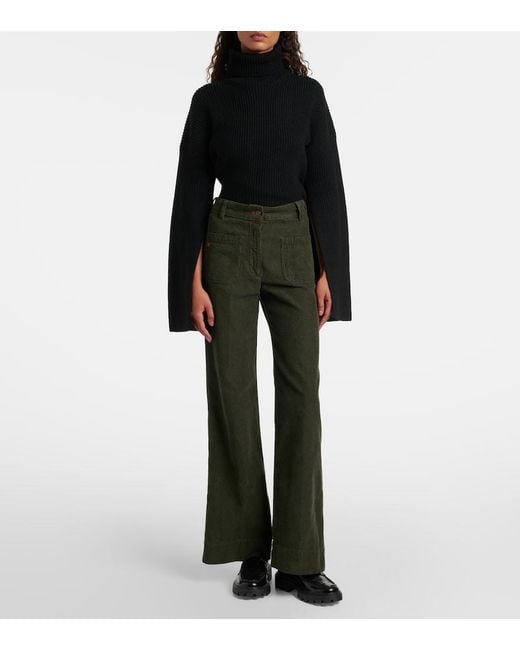 Victoria Beckham Green Alina Mid-Rise Cotton Corduroy Flared Pants