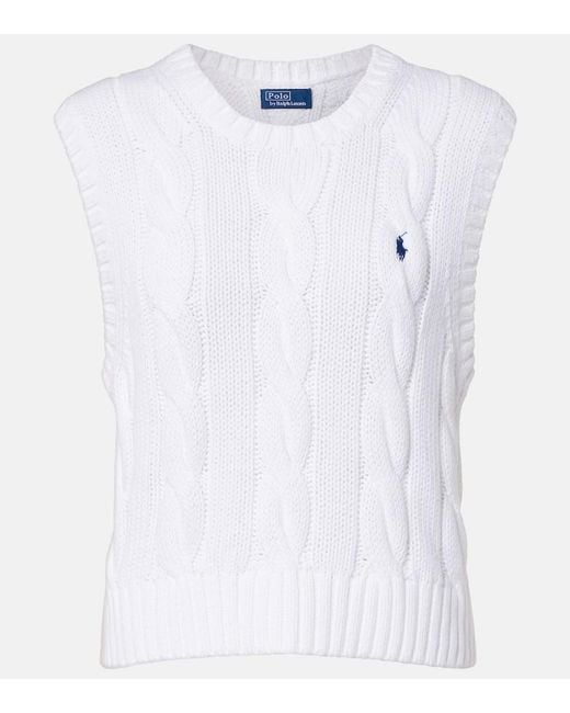 Polo Ralph Lauren White Logo Cable-Knit Cotton Sweater Vest