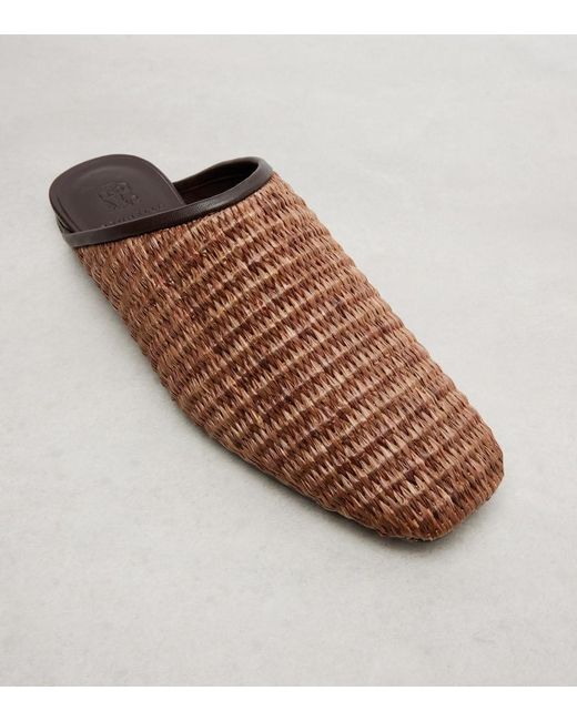 Brunello Cucinelli Brown Leather-Trimmed Raffia Mules