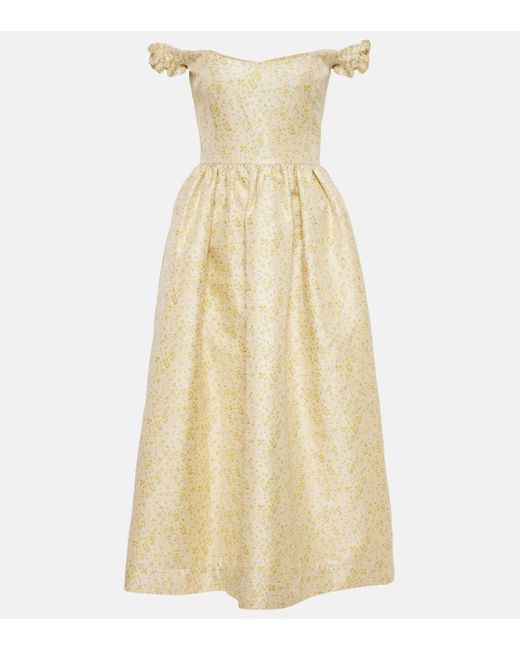 Markarian Yellow Off-shoulder Embroidered Midi Dress