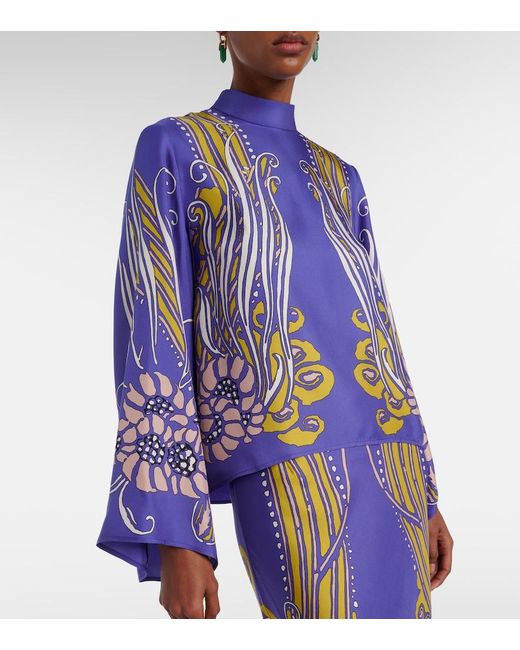LaDoubleJ Blue Make An Exit Printed Silk Satin Blouse