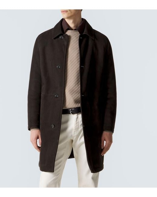 Brioni Black Shearling-Lined Suede Coat for men